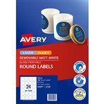 AVERY 910007 L7129 REMOVABLE BLANK LABELS ROUND LASERINKJET 24UP MATTE 40MM WHITE PACK 192