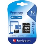 VERBATIM PREMIUM MICROSDHC MEMORY CARD WITH ADAPTER UHSI V10 U1 CLASS 10 16GB